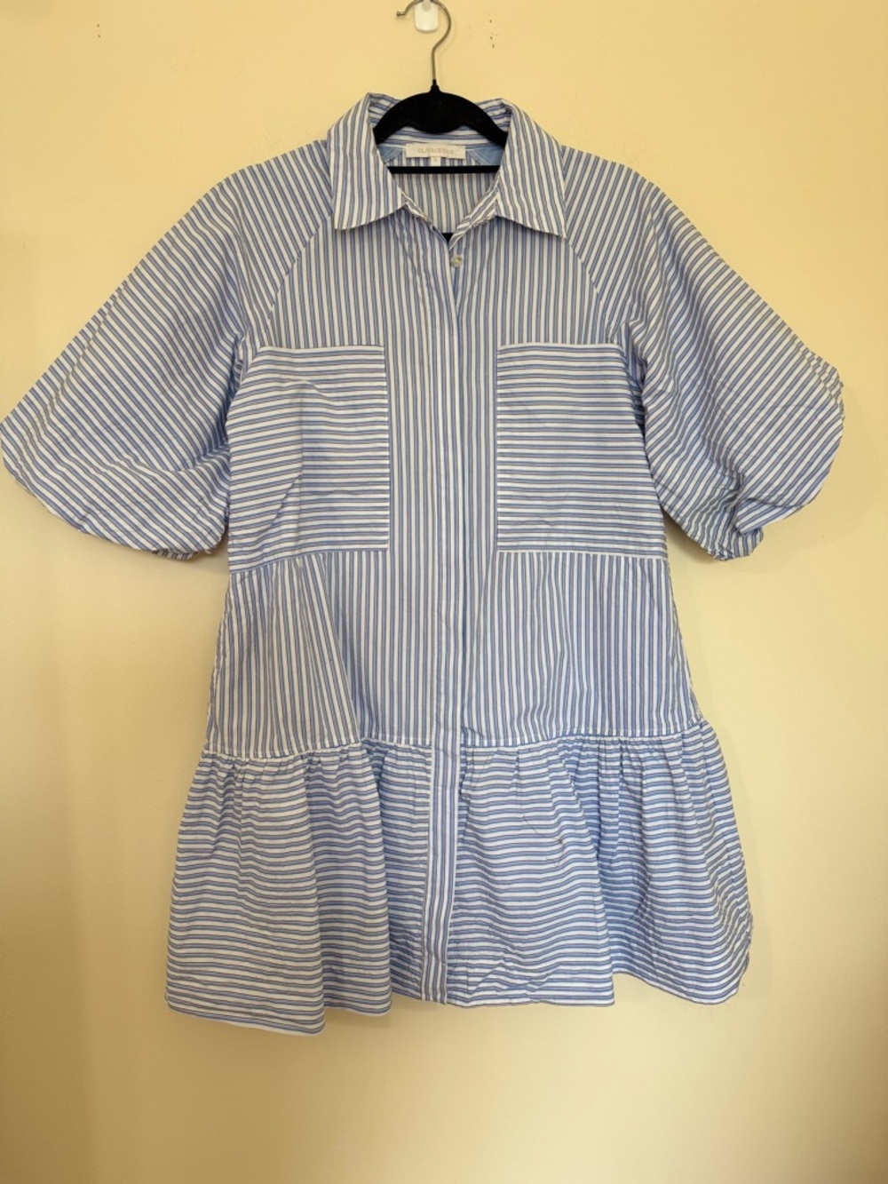 Olivaceous Light Blue & White Striped Puff Sleeve Mini Dress